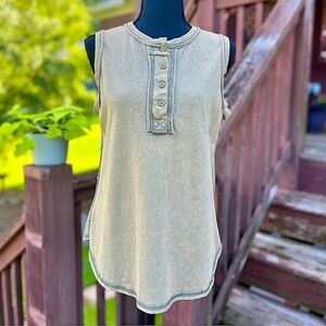 Acid Wash Sleeveless Henley Tank Top Green Yellow Medium